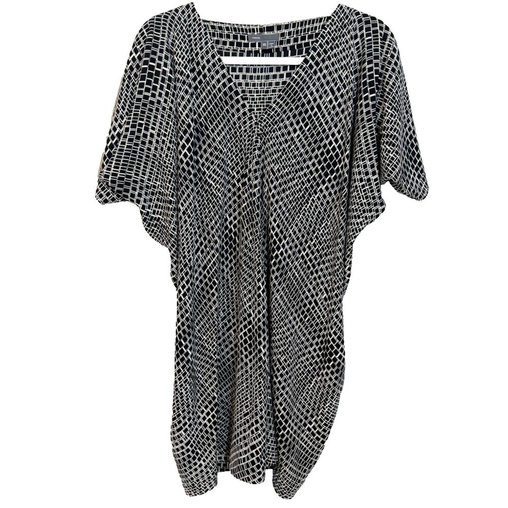 Vince Black White Ladder Print Plaid Vneck Silk Tunic Smock Boxy Dress XS XSmall